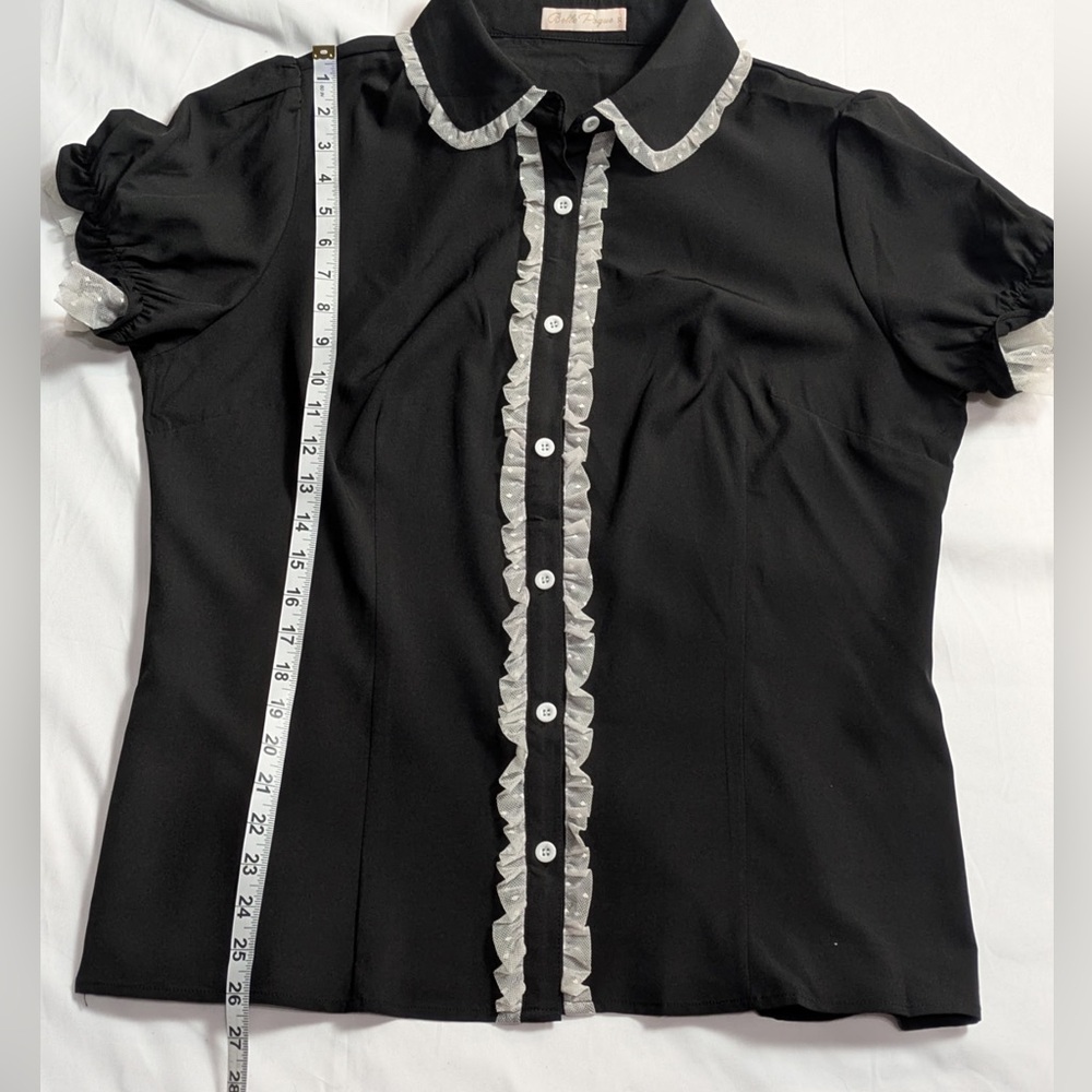 Vintage Black Ruffle White Trim Button Up Blouse - Picture 7 of 7